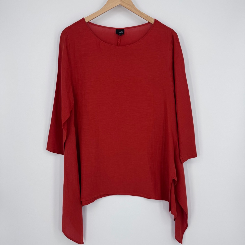 Lisa Bayne Tunic Womens Size M Red Blue Rayon Linen Sharkbite Hem Lagenlook Top